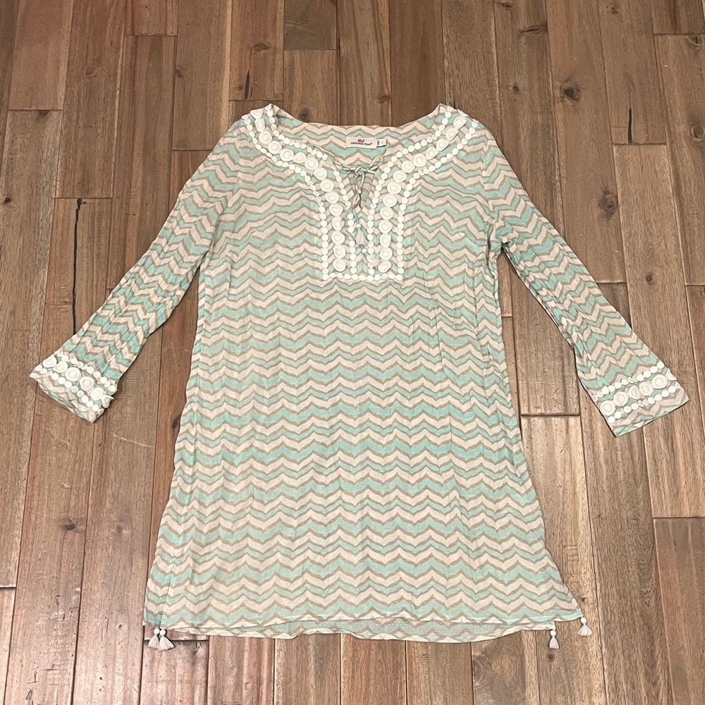 Vineyard Vines Whale’s Tail Teal White Chevron Swim Cover Up 100% Cotton Large